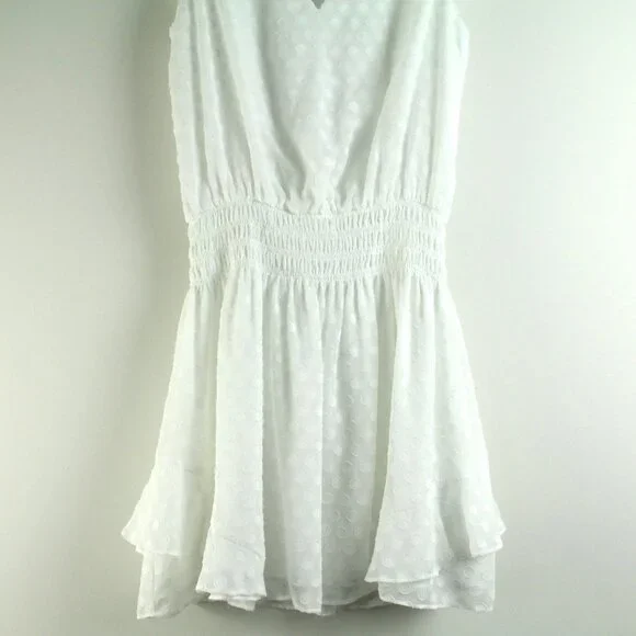 Ramy Brook Simona White Swiss Dot V-Neck Ruffle Trim Smocked Waist Mini Dress S - Picture 4 of 7